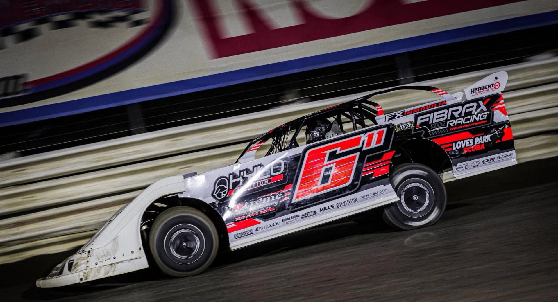 Black, white and red #6 dirt late model race car with Herbert Graphics wrap